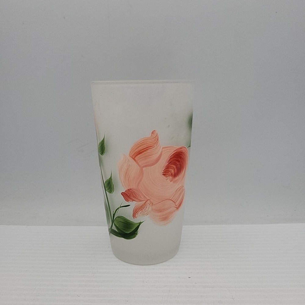 Vtg Frosted Drinking Glass Handpainted Pink‎ Flowers Hazel Atlas